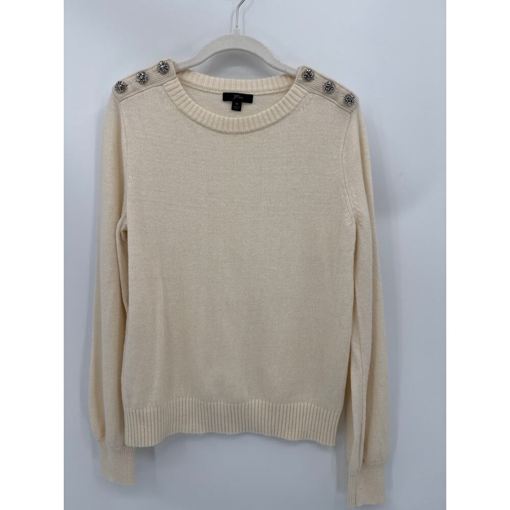 J.Crew Lambs Wool Jewel Button Crewneck Sweater Ivory Size Medium Rhinestone Top